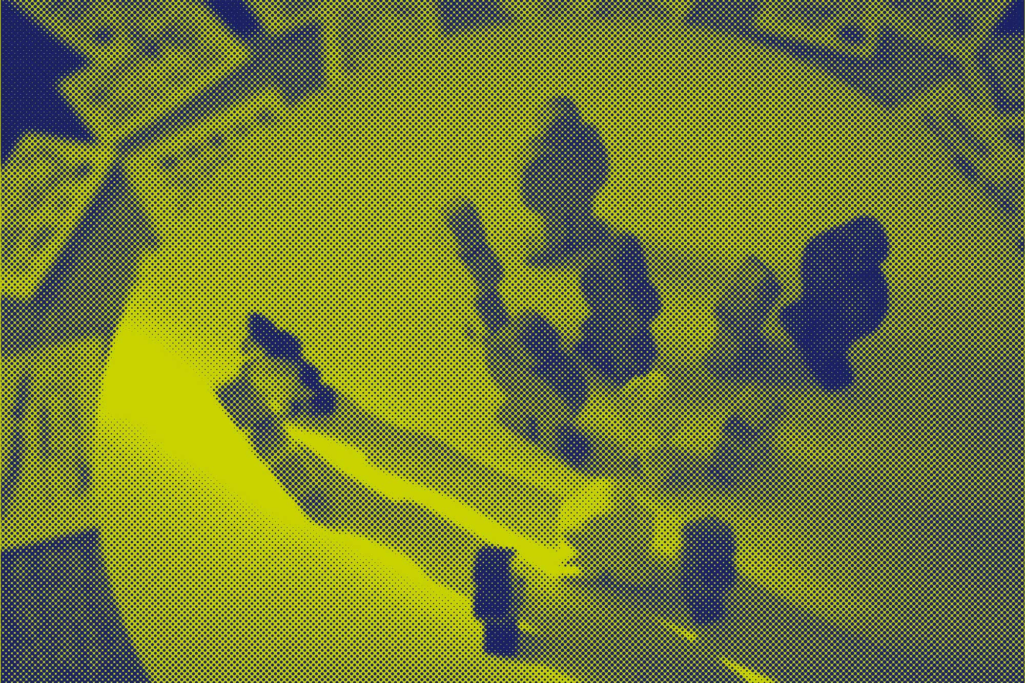 Blau, Gelb gerastertes Bild von Spielfiguren auf einem Tisch